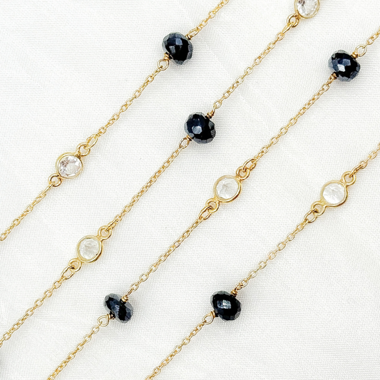 Coated Black Spinel Rondel Shape & White Topaz Gold Plated Connected Wire Chain.