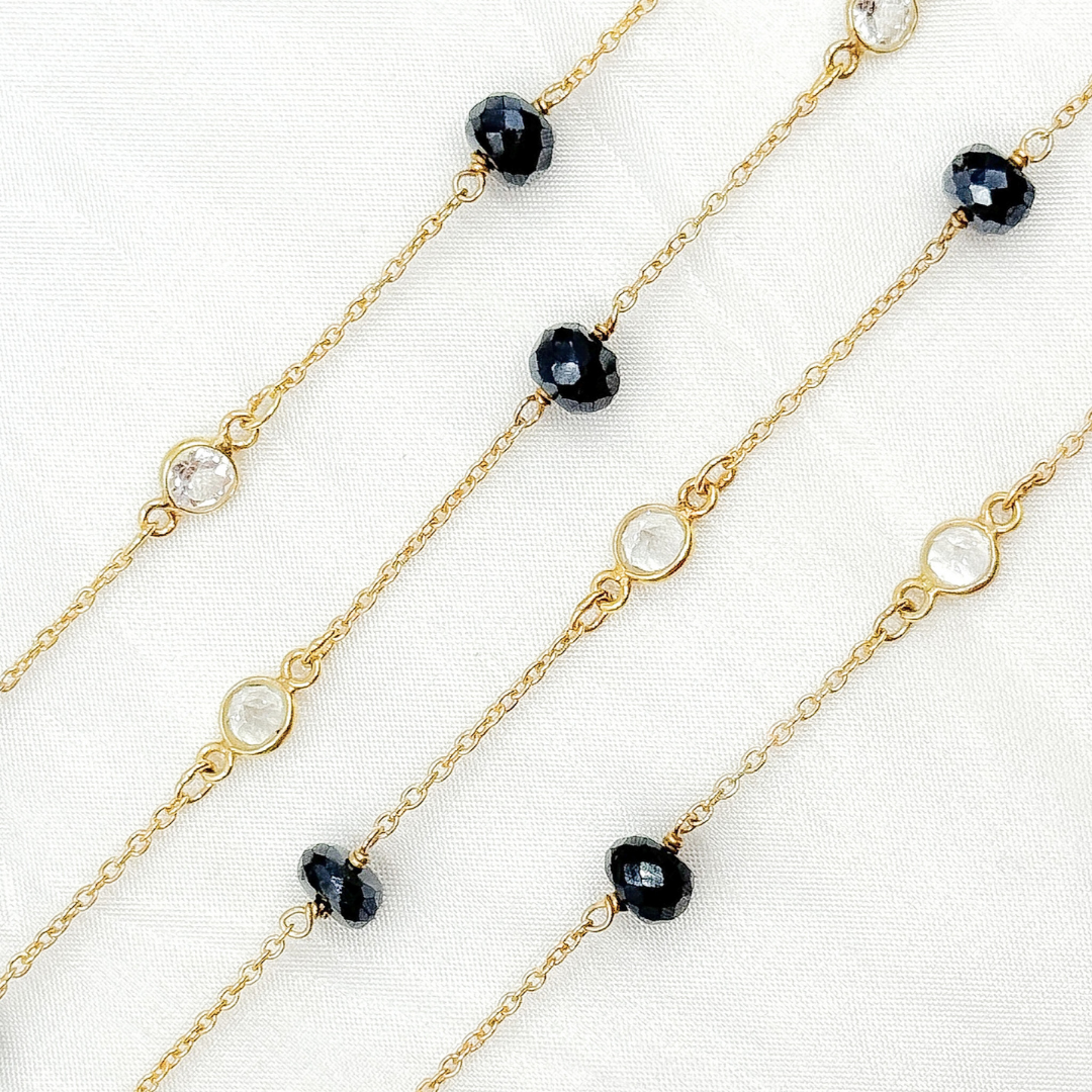 Coated Black Spinel Rondel Shape & White Topaz Gold Plated Connected Wire Chain. CBS21