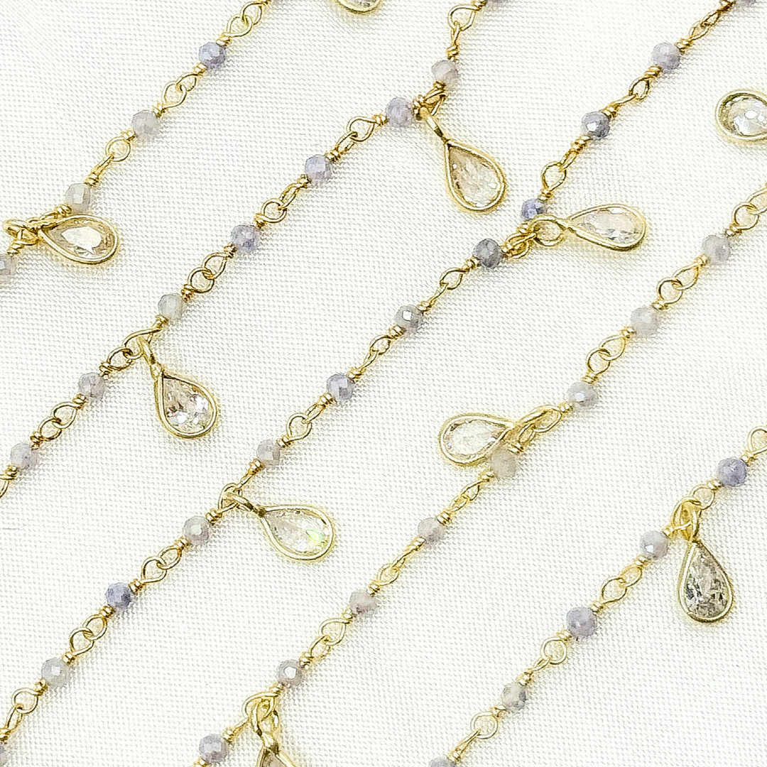 Coated Blue Quartz & CZ Dangle Gold Plated Wire Chain.