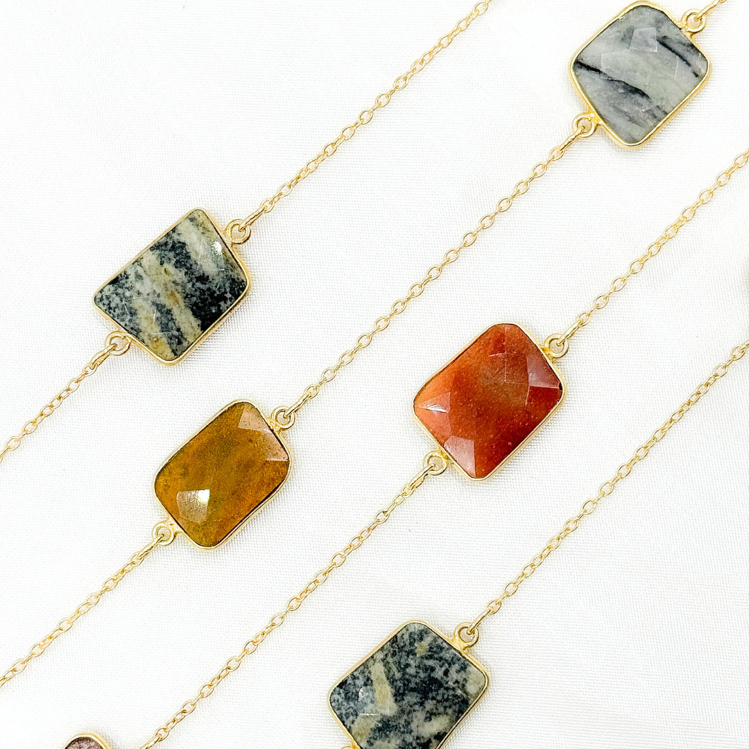 Multi Agate Rectangular Shape Bezel Gold Plated Connected Wire Chain
