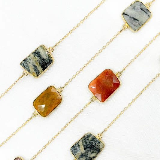 Multi Agate Rectangular Shape Bezel Gold Plated Connected Wire Chain