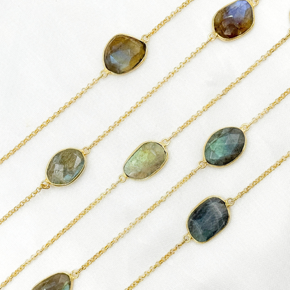 Labradorite Organic Shape Bezel Gold Plated Connected Chain.