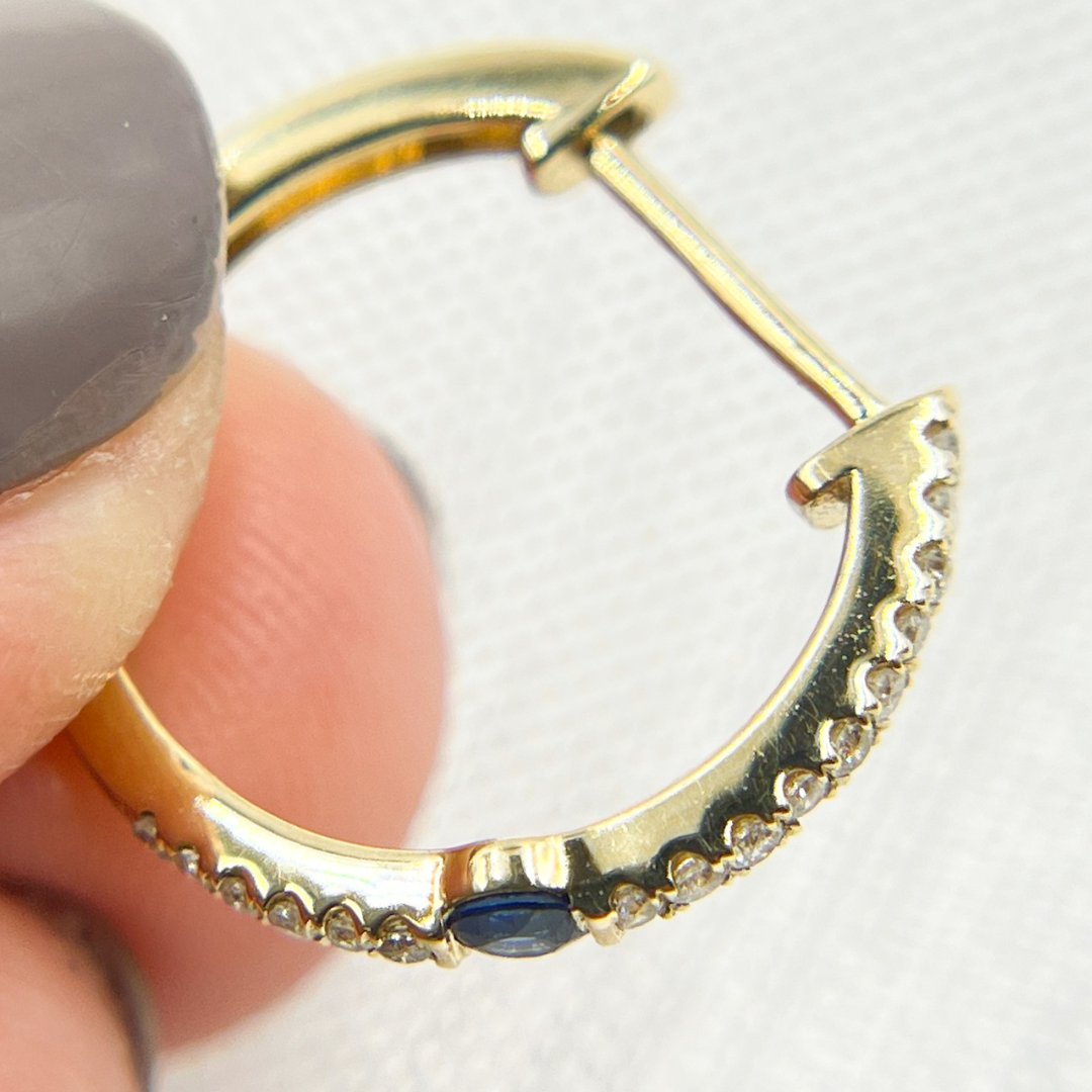 14K Solid Gold Diamond & Blue Sapphire Hoop Earrings