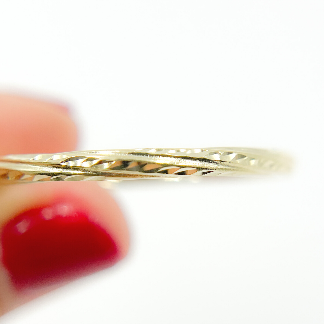 14K Gold Hoop Earrings with Engraved Tornado Design.