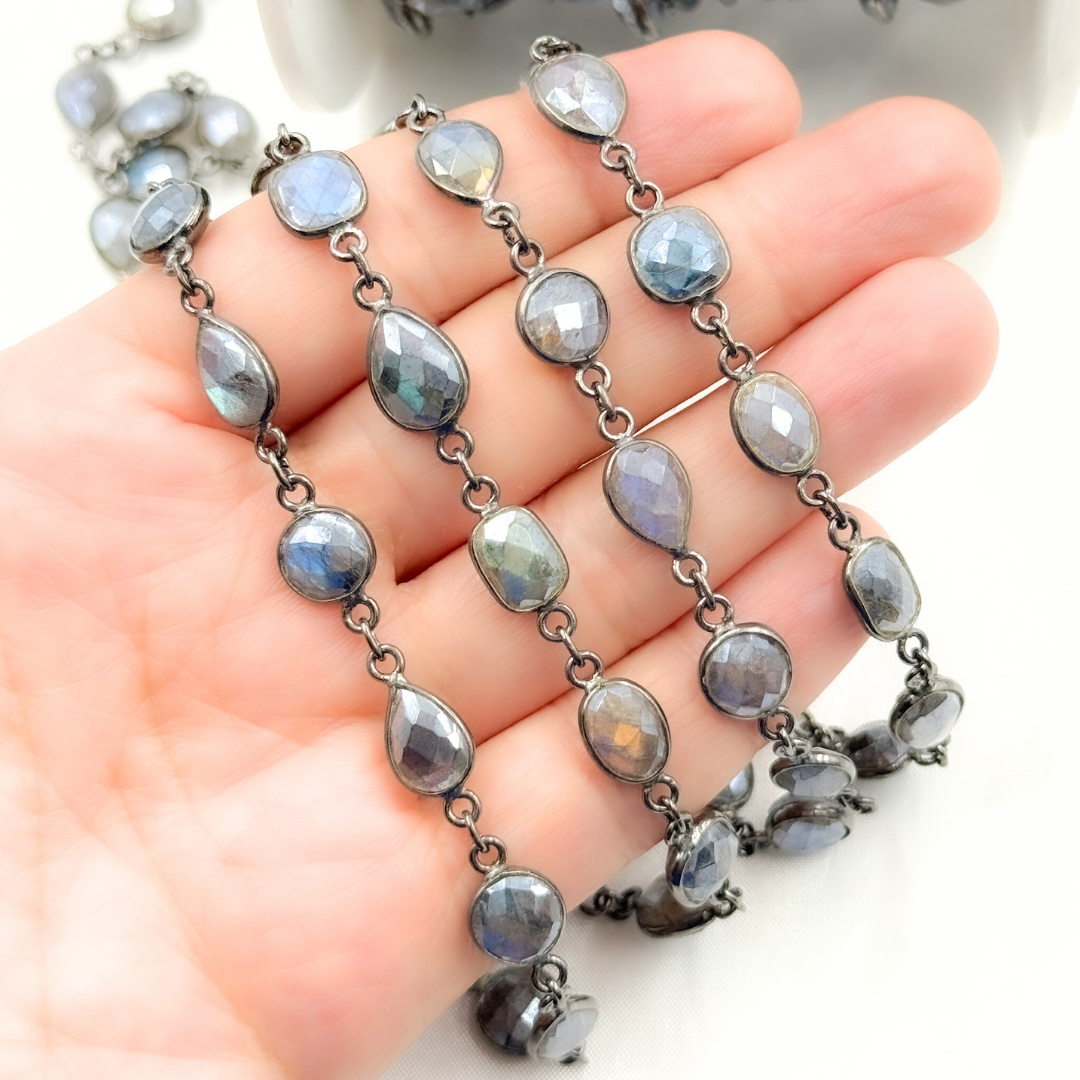 Coated Labradorite Pear & Round Shape Bezel Oxidized Wire Chain