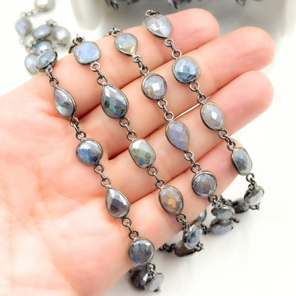 Coated Labradorite Pear & Round Shape Bezel Oxidized Wire Chain