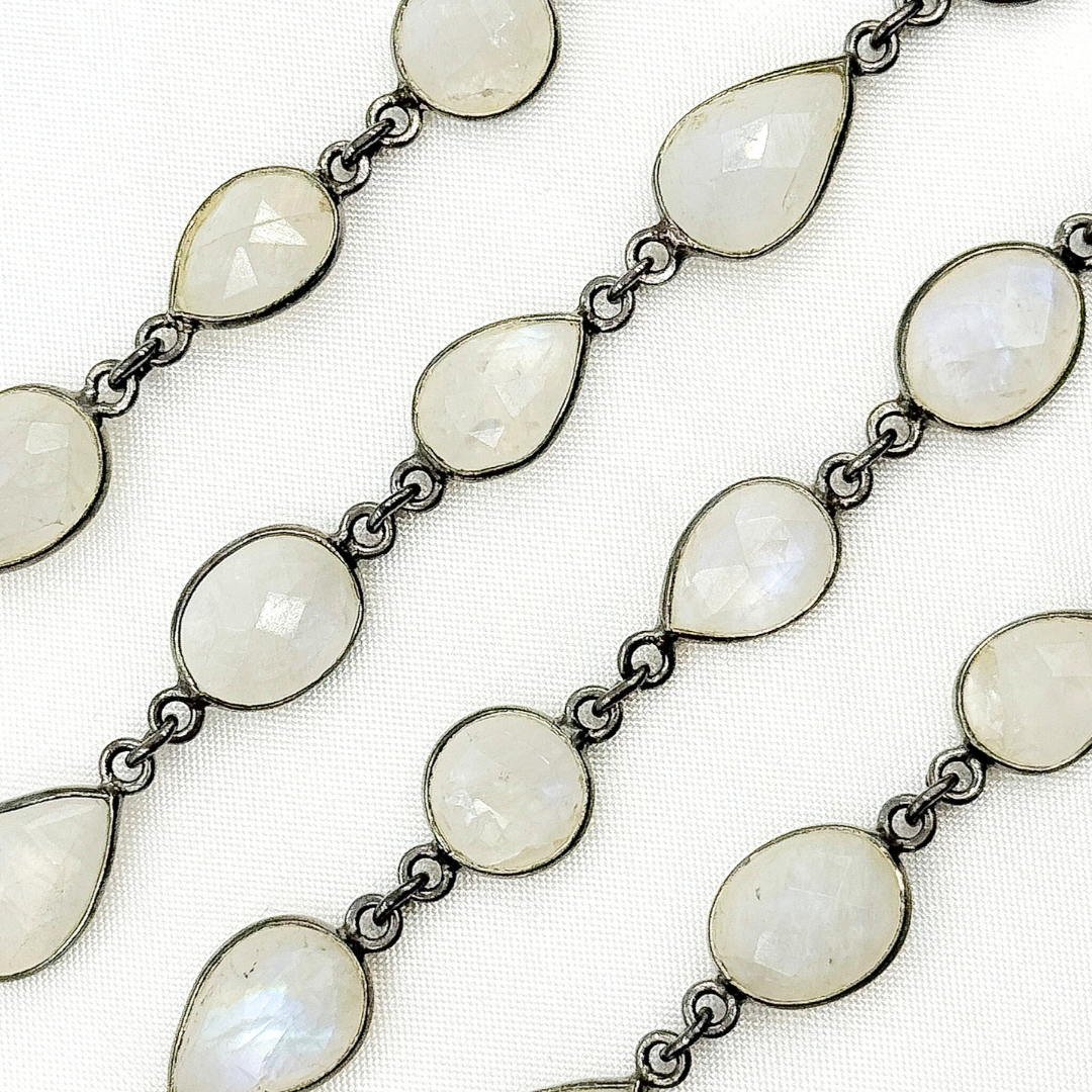 White Moonstone Oval & Pear Shape Bezel Oxidized Wire Chain