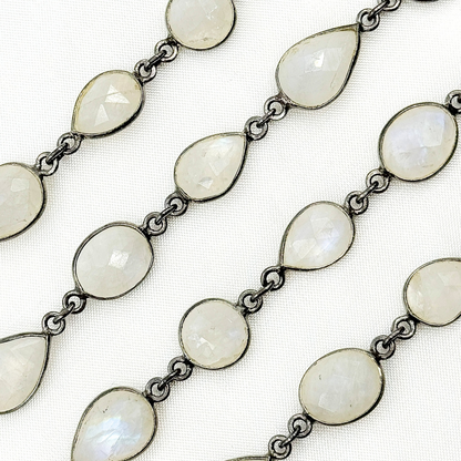 White Moonstone Oval & Pear Shape Bezel Oxidized Wire Chain