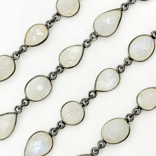 White Moonstone Oval & Pear Shape Bezel Oxidized Wire Chain