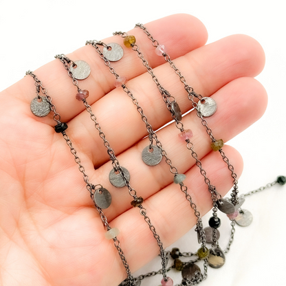 Multi Tourmaline and Dangle Disc Oxidized Wire Chain