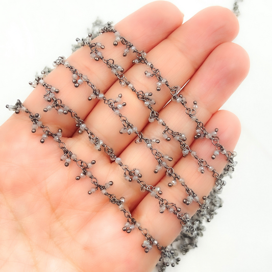 Coated Grey Moonstone Cluster Dangle Oxidized Wire Chain. CMS33