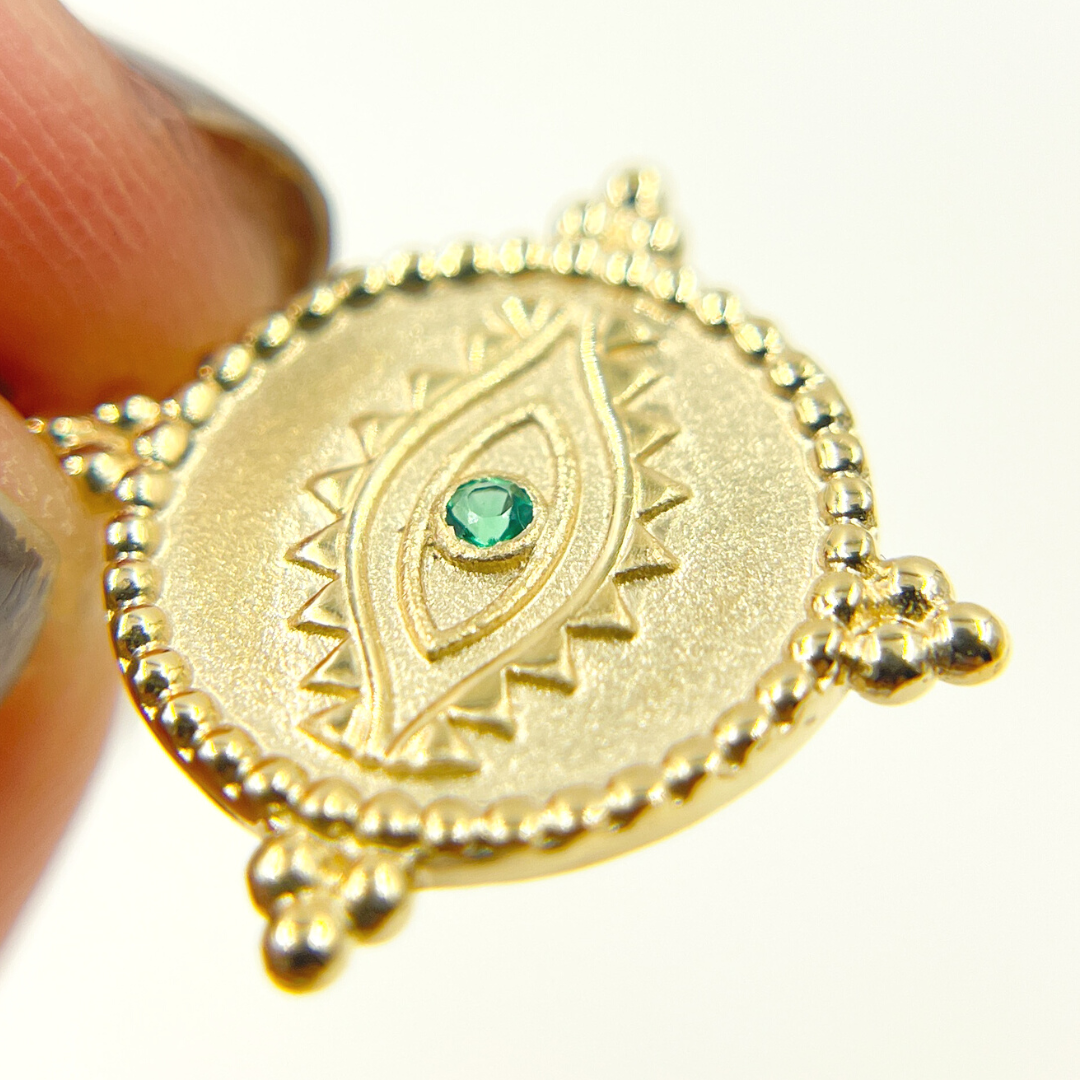 14K Solid Gold Diamond & Emerald Evil Eye Charm. GDP183