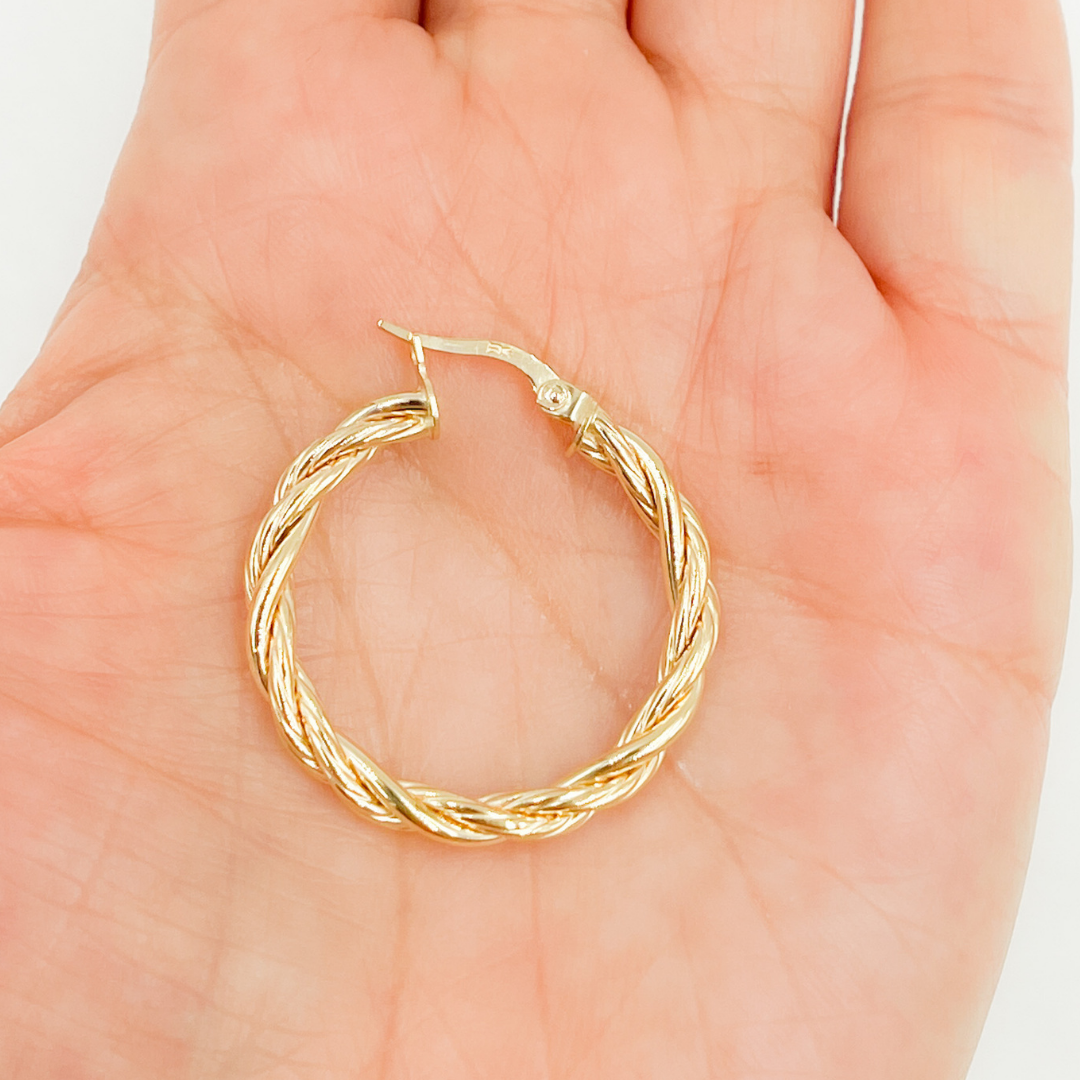 14K Solid Gold Twisted Hoop Earrings. 