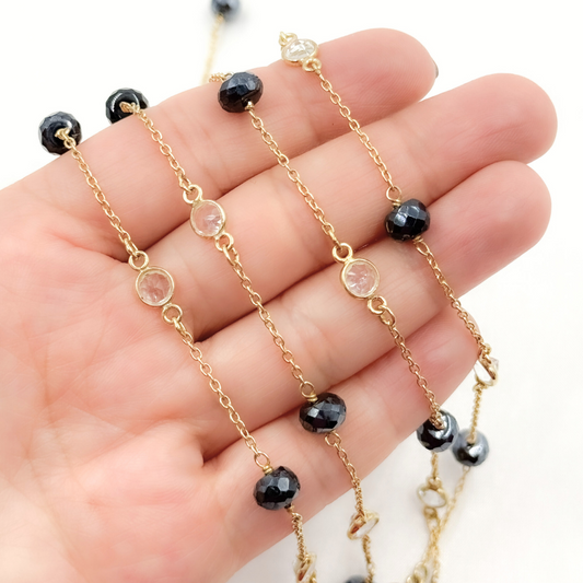 Coated Black Spinel Rondel Shape & White Topaz Gold Plated Connected Wire Chain