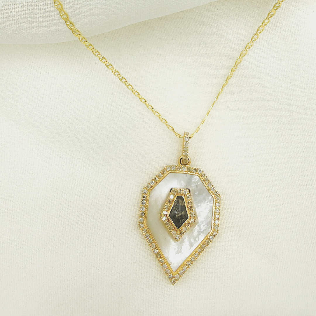 KG16MOP. 14K Solid Gold Diamonds and Mother Pearl Stone Charm