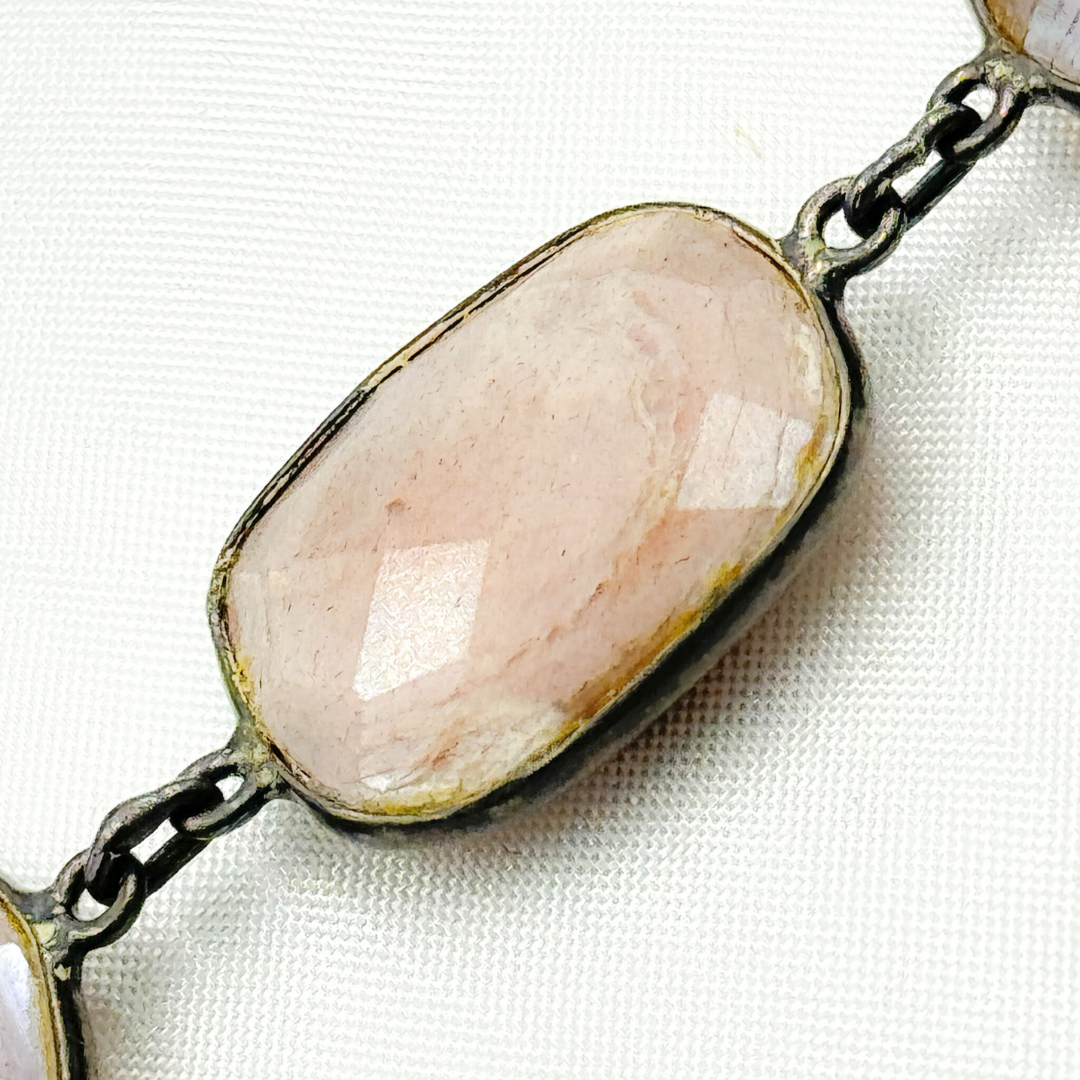 Coated Taupe Moonstone Rectangular Shape Bezel Oxidized Wire Chain.