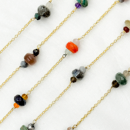 Multi Gemstone Gold Plated Connected Wire Chain.