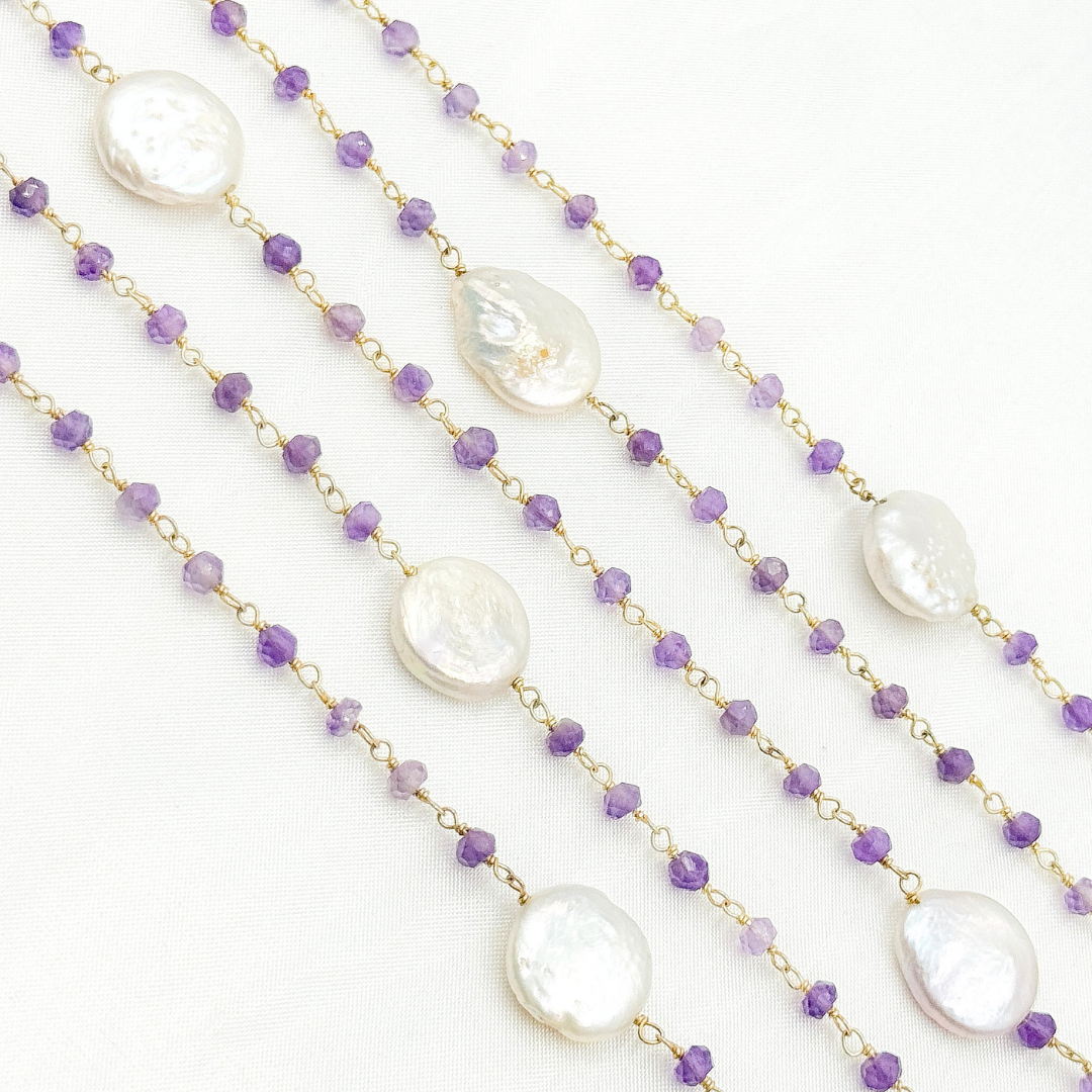 Amethyst & Pearl Round Shape Bezel Gold Plated Wire Chain.