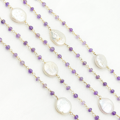 Amethyst & Pearl Round Shape Bezel Gold Plated Wire Chain.