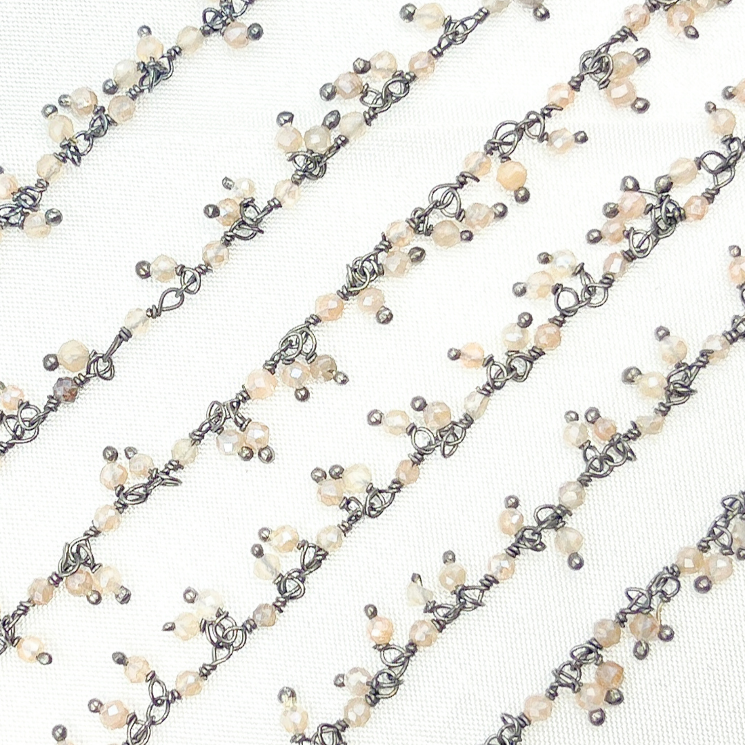 Coated Peach Moonstone Cluster Dangle Oxidized Wire Chain.