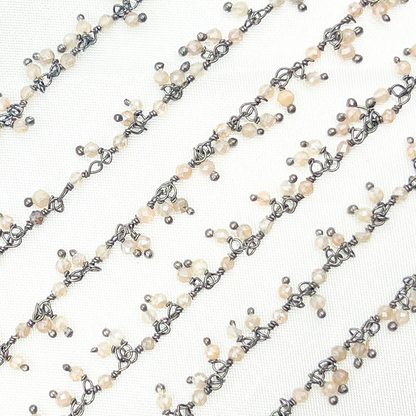 Coated Peach Moonstone Cluster Dangle Oxidized Wire Chain.