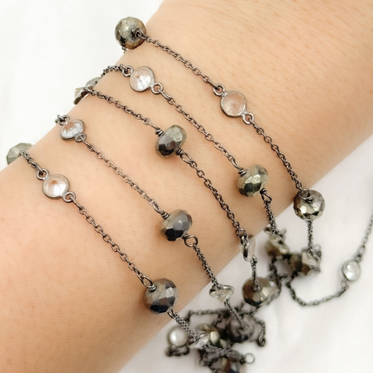 Pyrite & White Topaz Oxidized Connected Wire Chain