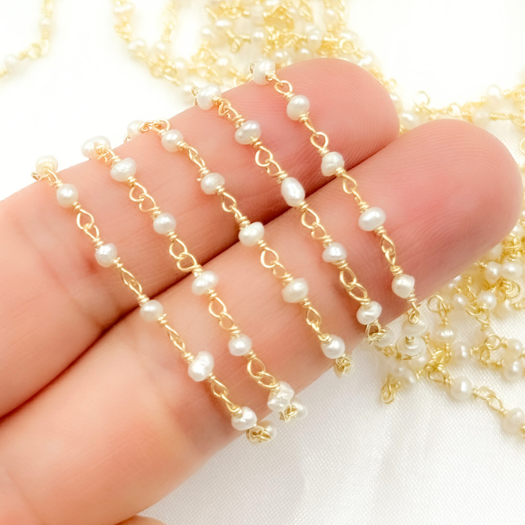 White Freshwater Pearl Gold Plated Wire Chain