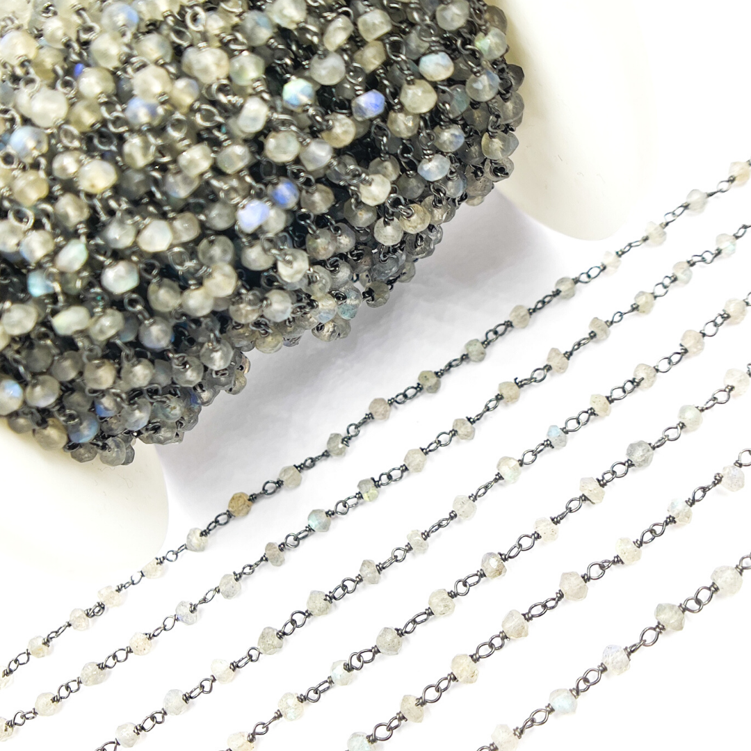 Coated Moonstone Black Rhodium 925 Sterling Silver Wire Chain