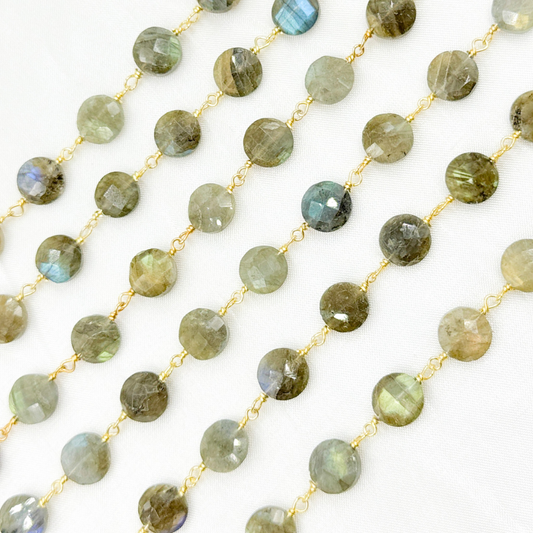 Labradorite Coin Shape Gold Plated 925 Sterling Silver Wire Chain