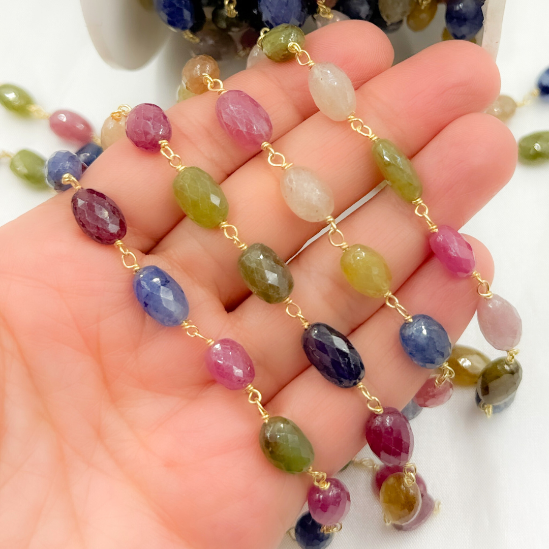 Multi Sapphire Rondel Faceted Gold Plated 925 Sterling Silver Wire Chain.