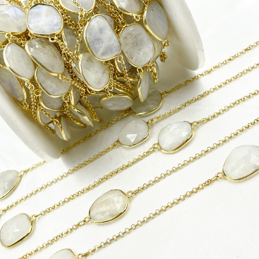 White Moonstone Organic Shape Bezel Gold Plated Connected Wire Chain. RB1
