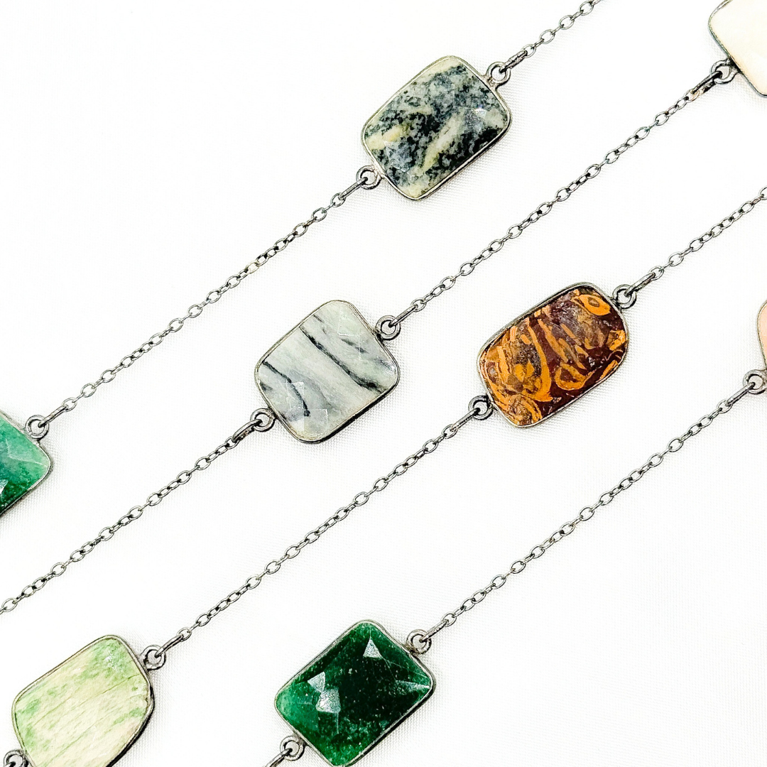 Multi Agate Rectangular Shape Bezel Oxidized Wire Chain