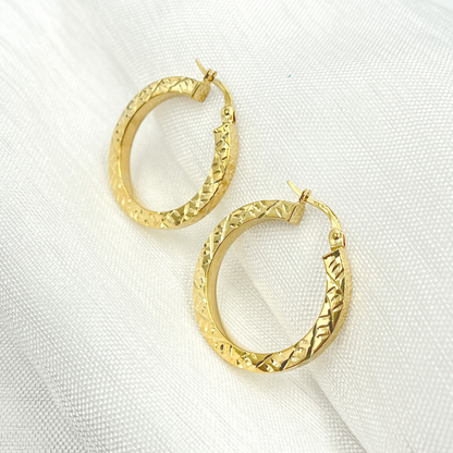 14K Solid Gold Hollow Flat Diamond Cut Hoop