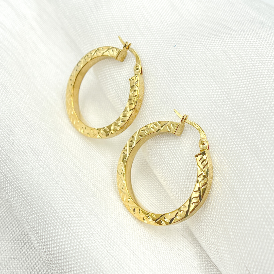14K Solid Gold Hollow Flat Diamond Cut Hoop