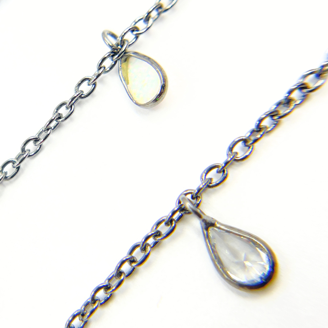 Created White Opal + CZ Pear Shape Dangle Chain