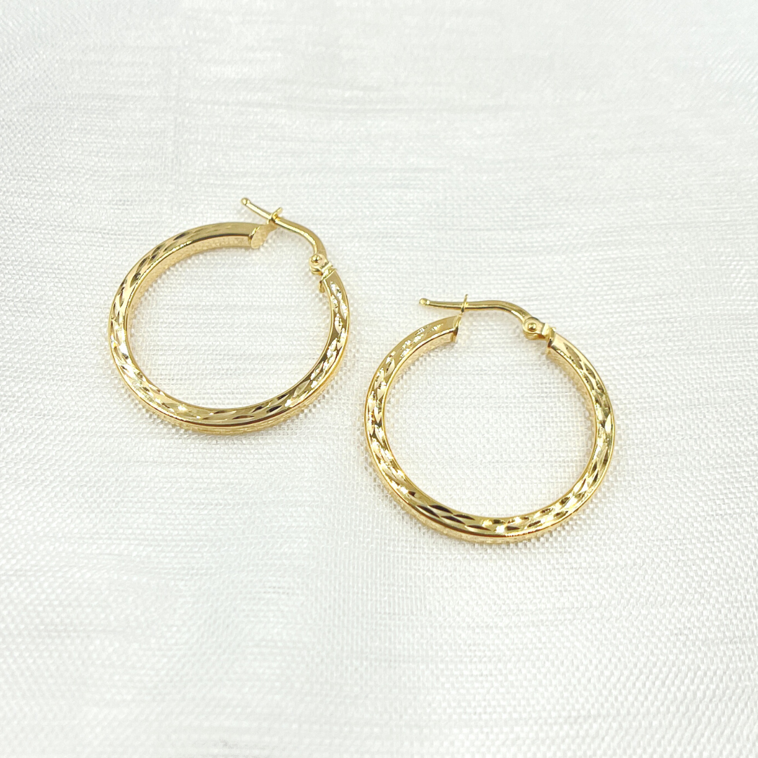 14K Solid Gold Hollow Flat Diamond Cut Hoop