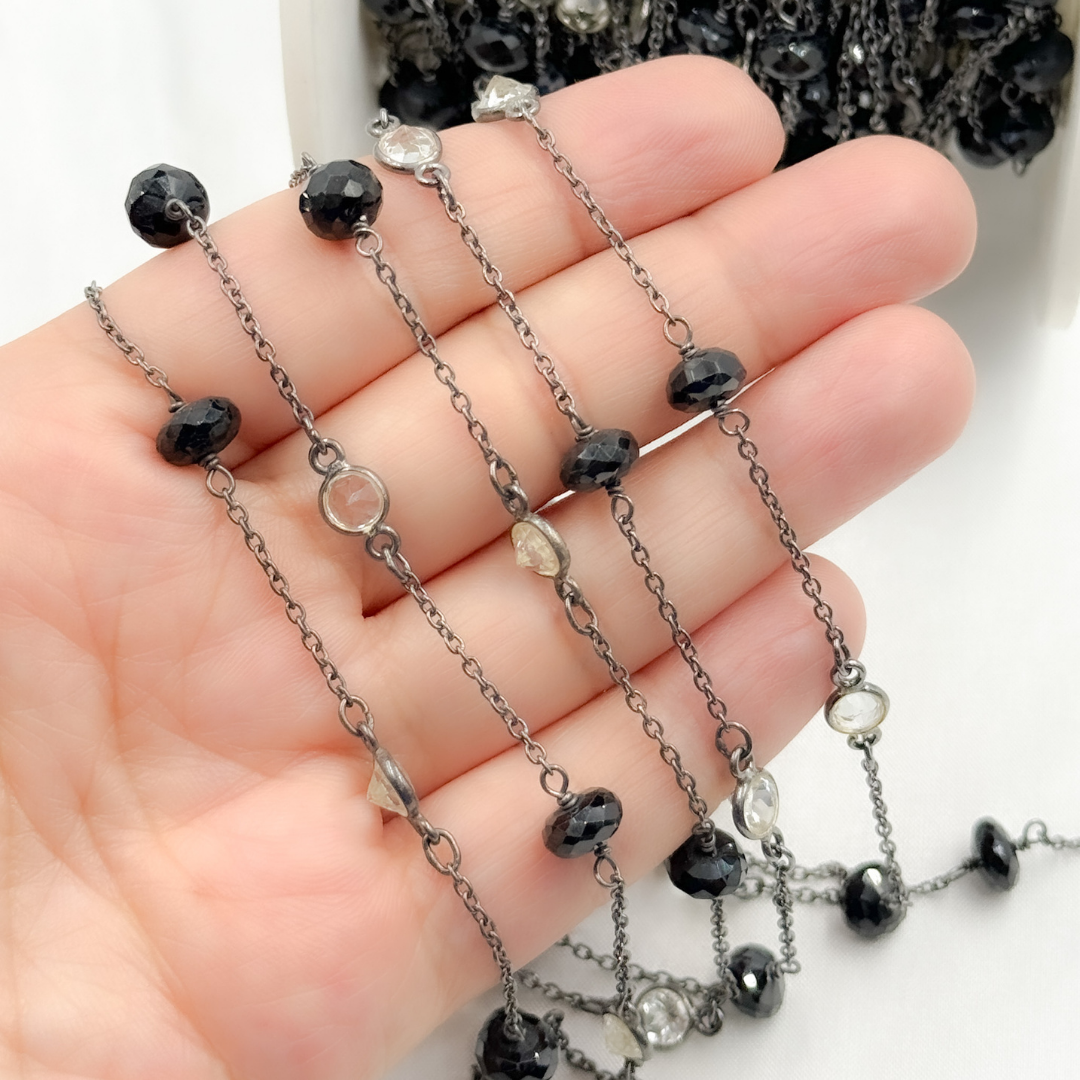 Black Spinel Rondel Shape & White Topaz Oxidized Connected Wire Chain. BSP26