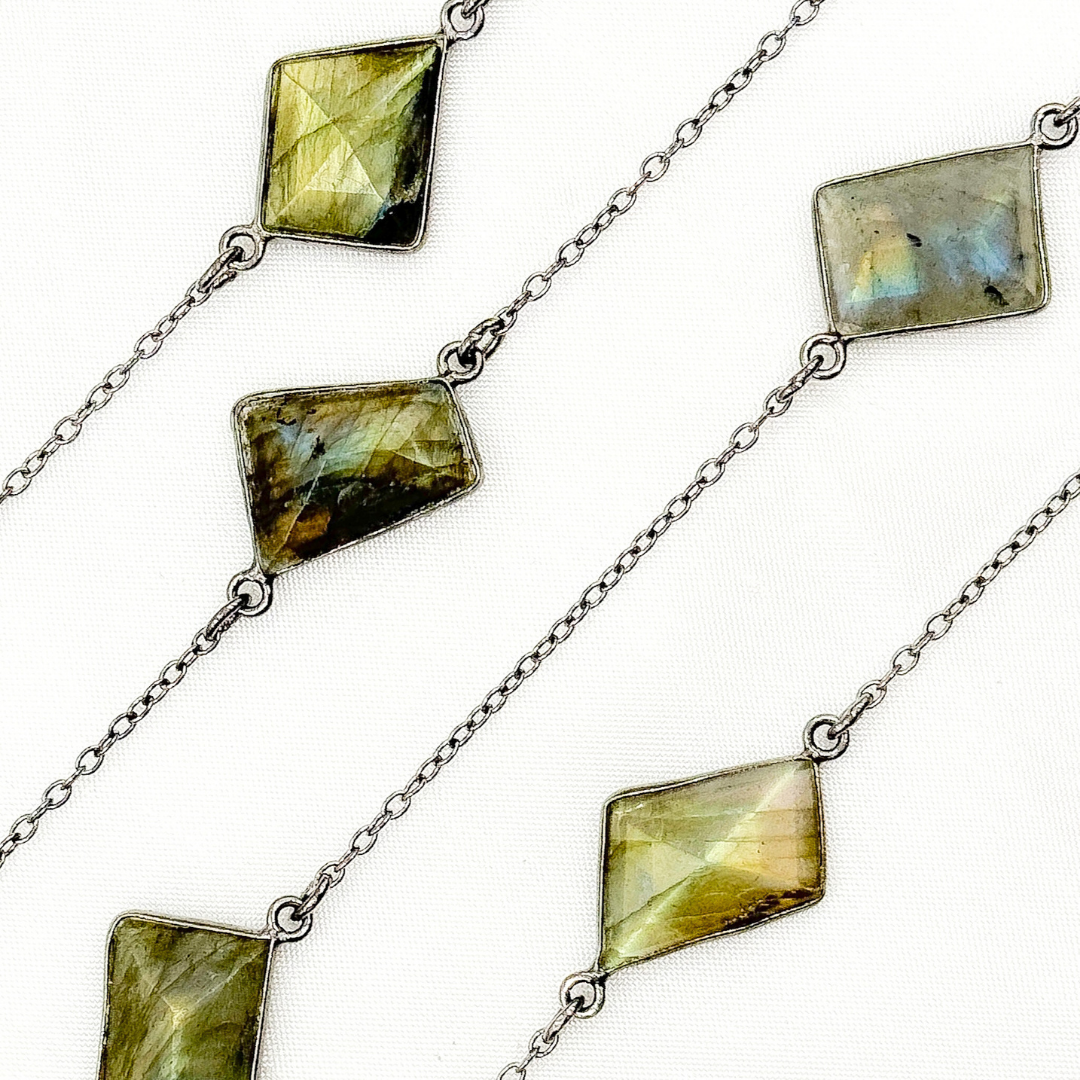 Labradorite Rectangle Shape Bezel Oxidized Connected Wire Chain. LAB116