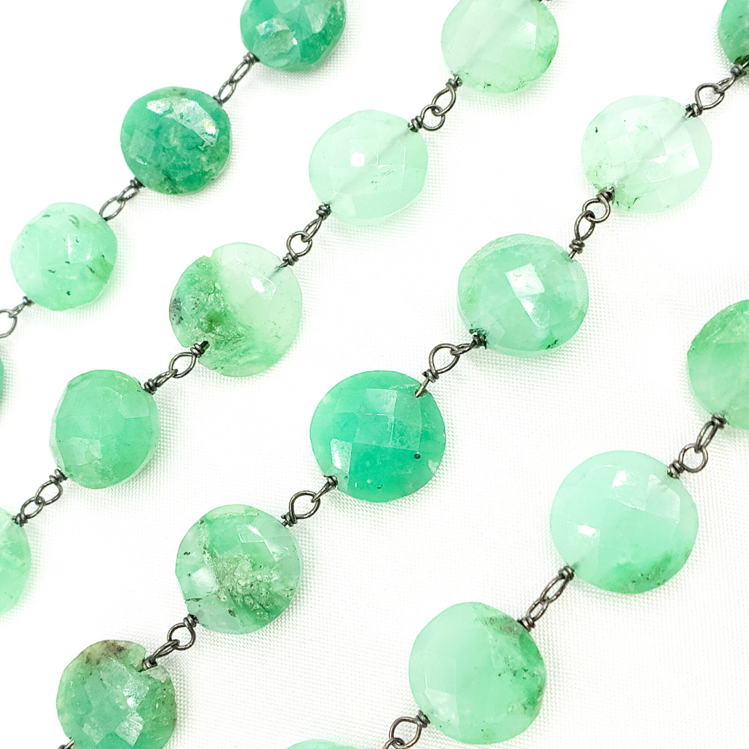 Chrysoprase Coin Shape Oxidized Wire Chain