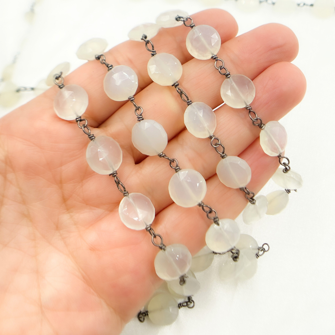Natural Chalcedony Coin Shape Oxidized Wire Chain