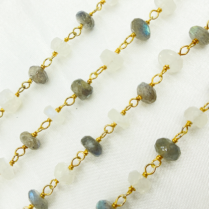 Labradorite & White Rainbow Moonstone Gold Plated Wire Chain