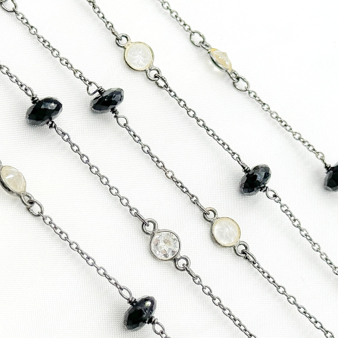 Black Spinel Rondel Shape & White Topaz Oxidized Connected Wire Chain.