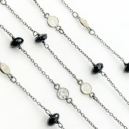 Black Spinel Rondel Shape & White Topaz Oxidized Connected Wire Chain.