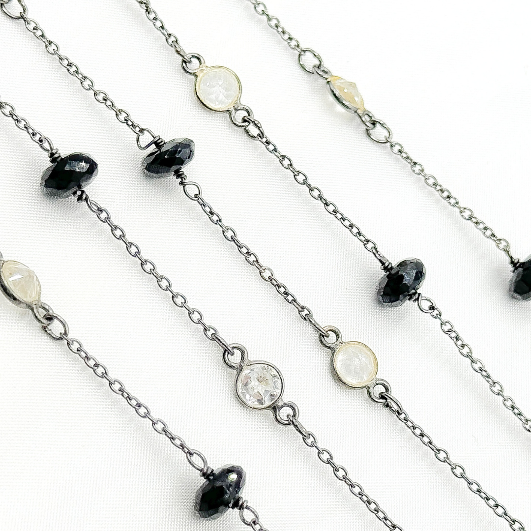 Black Spinel Rondel Shape & White Topaz Oxidized Connected Wire Chain. BSP26