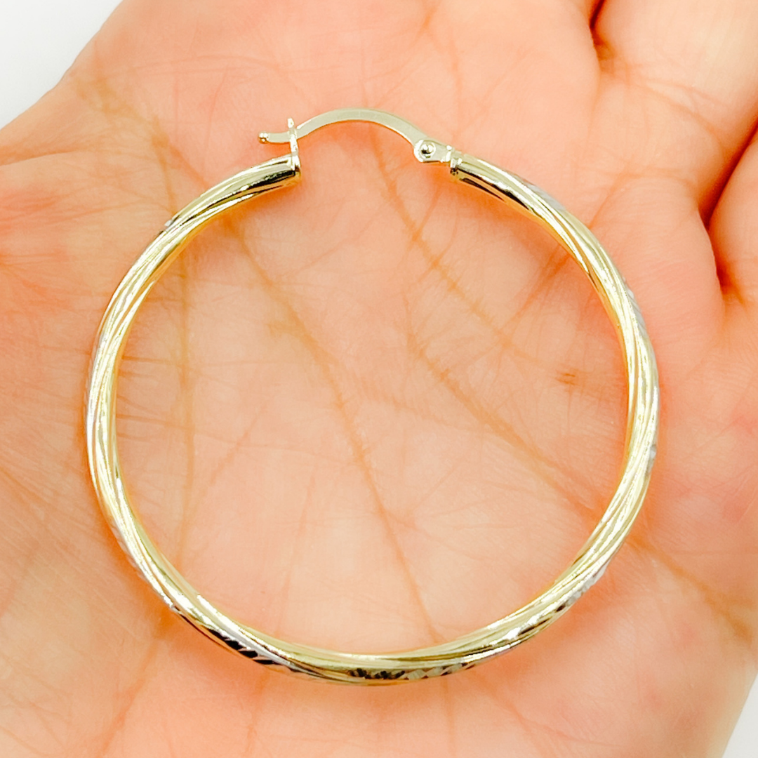 14K Gold Hoop Earrings with Engraved Tornado Design.