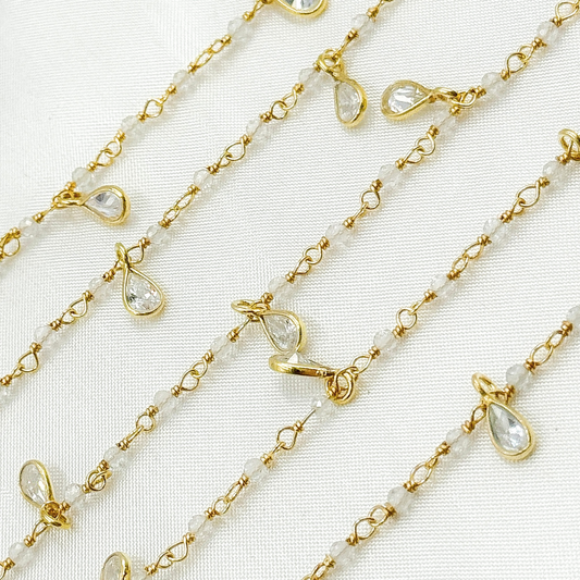 White Topaz & CZ Dangle Gold Plated Wire Chain