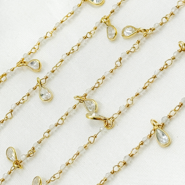 White Topaz & CZ Dangle Gold Plated Wire Chain