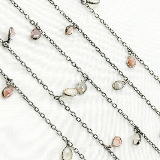 Coated Multi Moonstone Pear Shape Dangle Oxidized Wire Chain