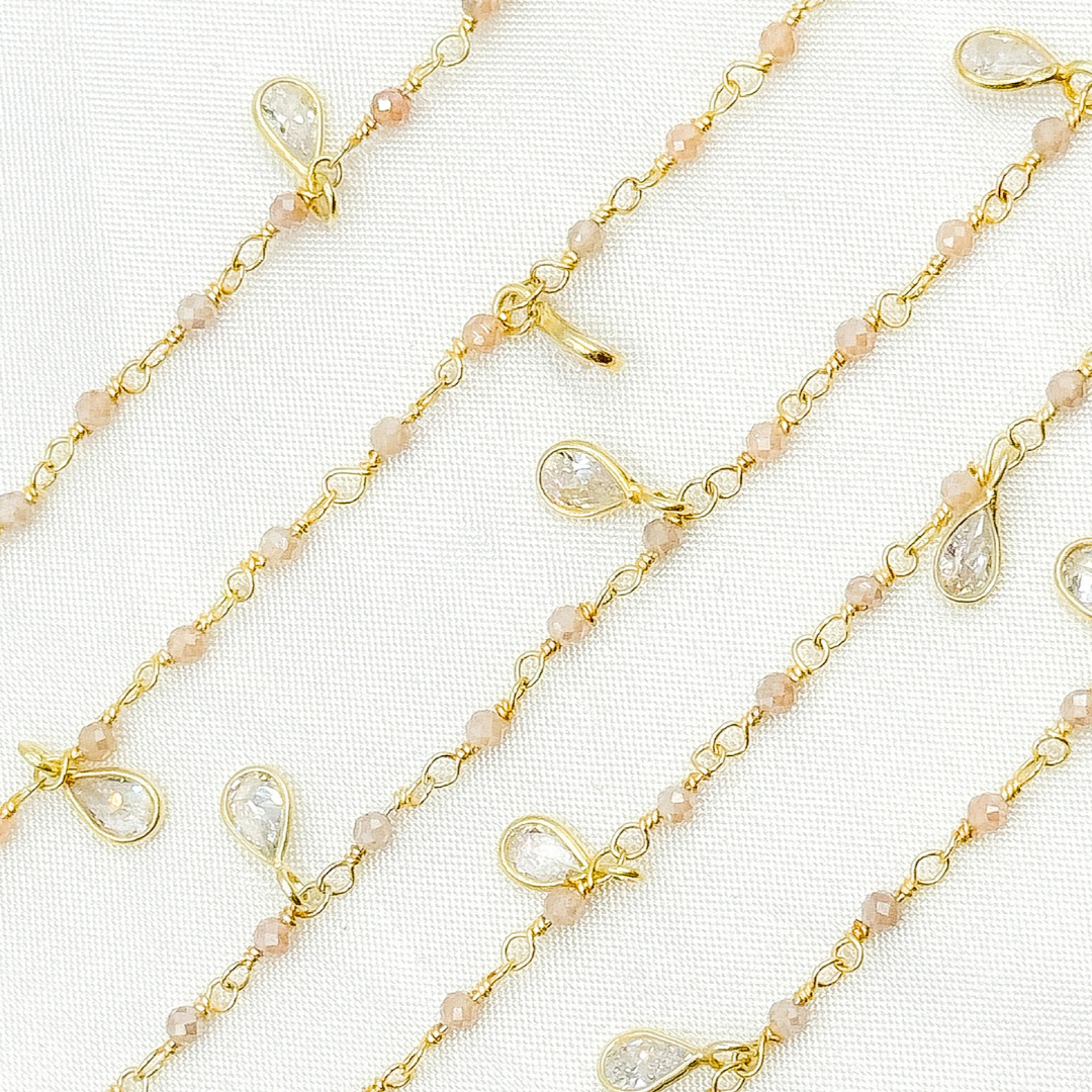 Coated Peach Moonstone & CZ Dangle Gold Plated Wire Chain.