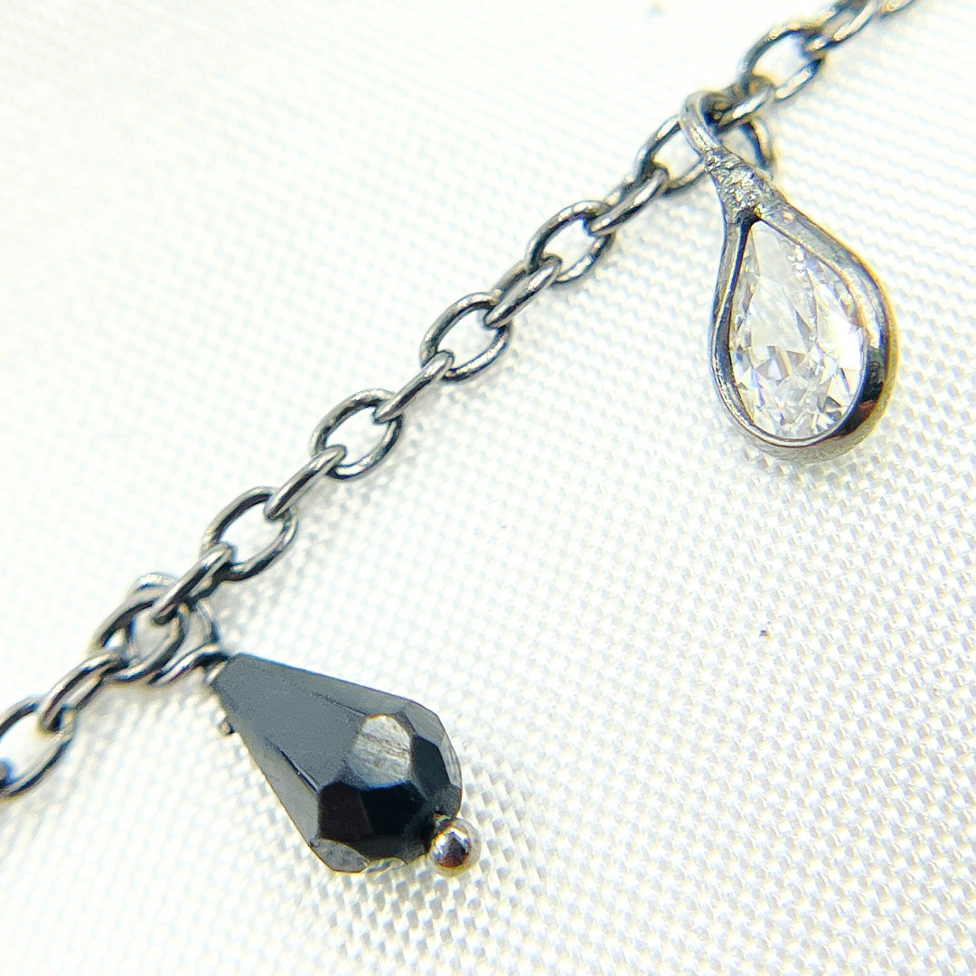 Black Spinel Drop & CZ Pear Shape Dangle Oxidized Wire Chain. BSP39